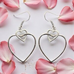Silvertone Double Heart Drop Earrings